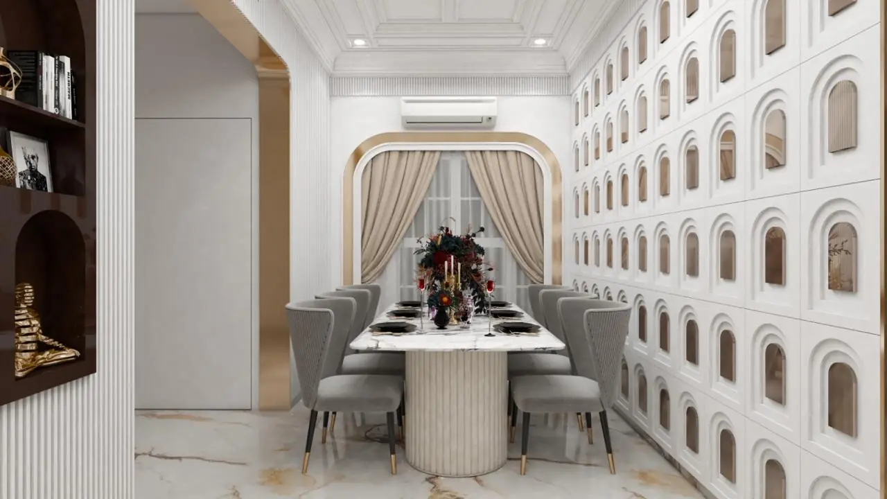 Visual of a dining room with a wall of arched niches