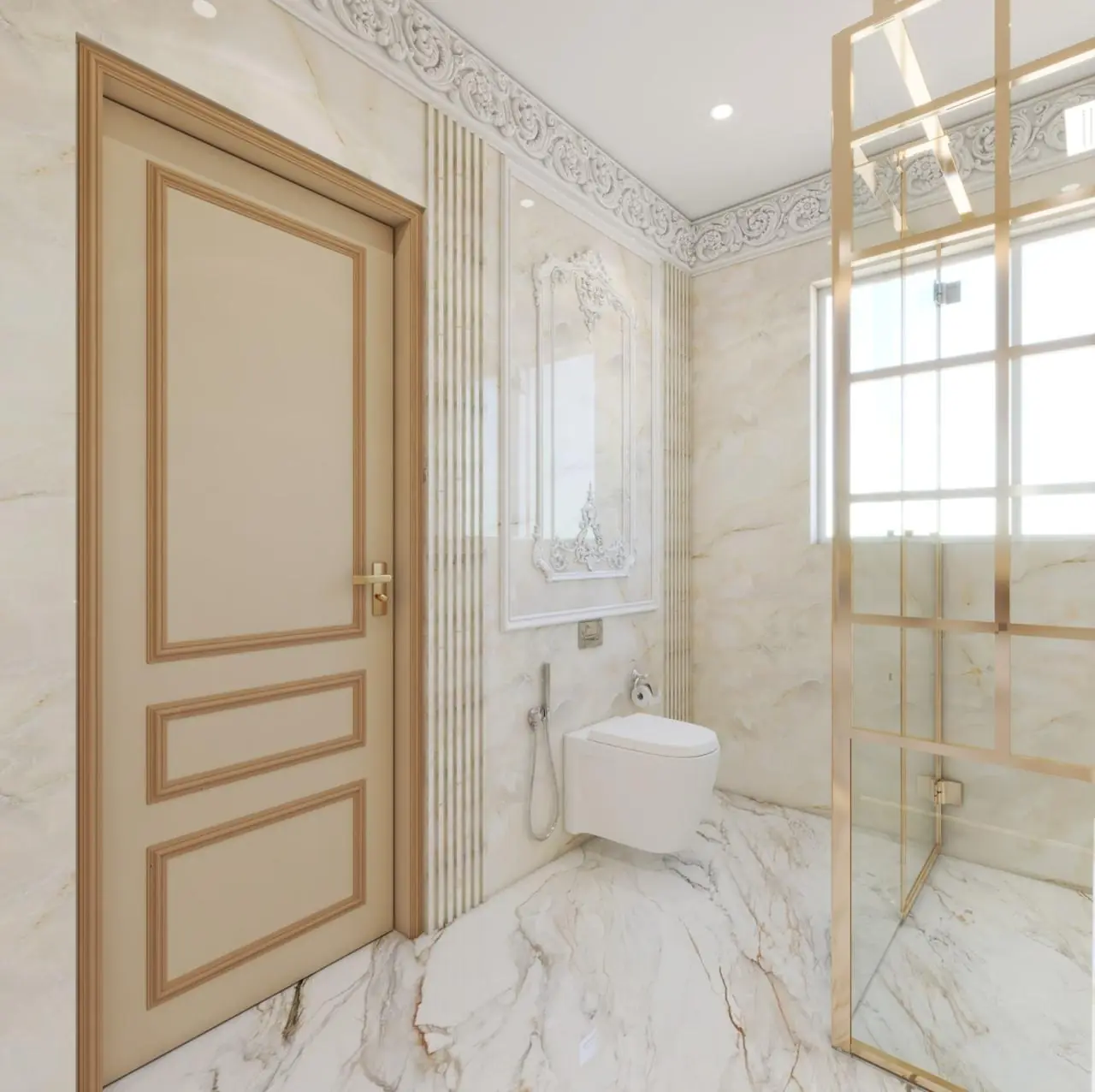 Visual of a marble shower room with a gold-framed door