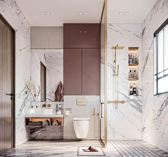 Visual of a marble bathroom with a plum vanity