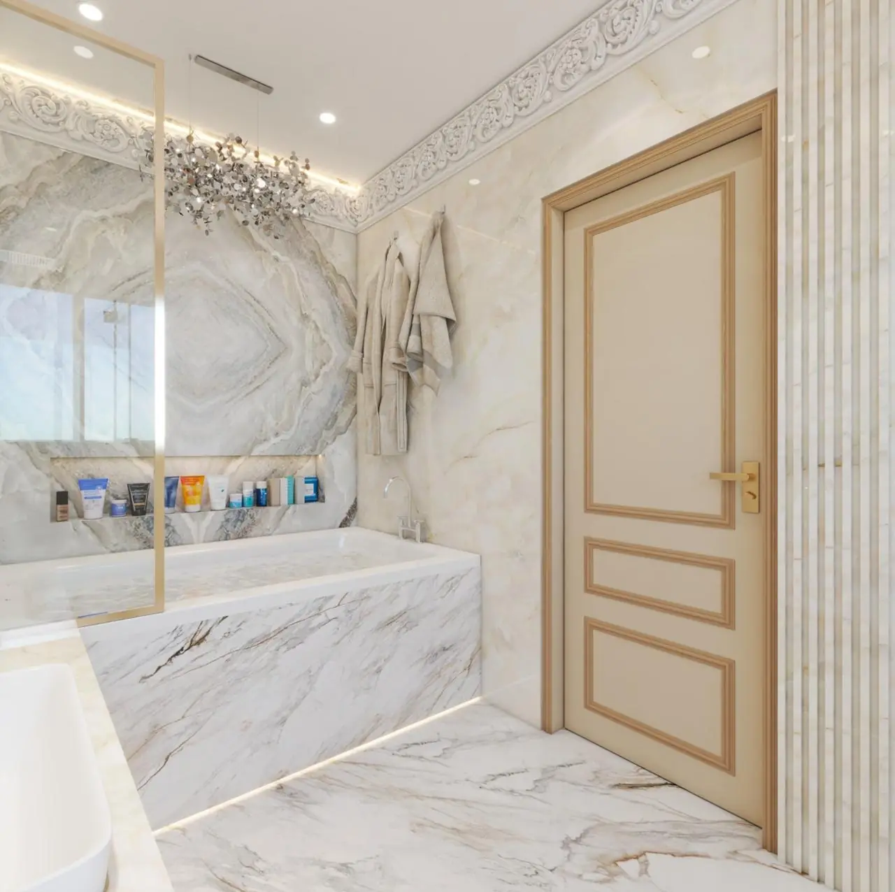 Visual of a marble bath with gold trims