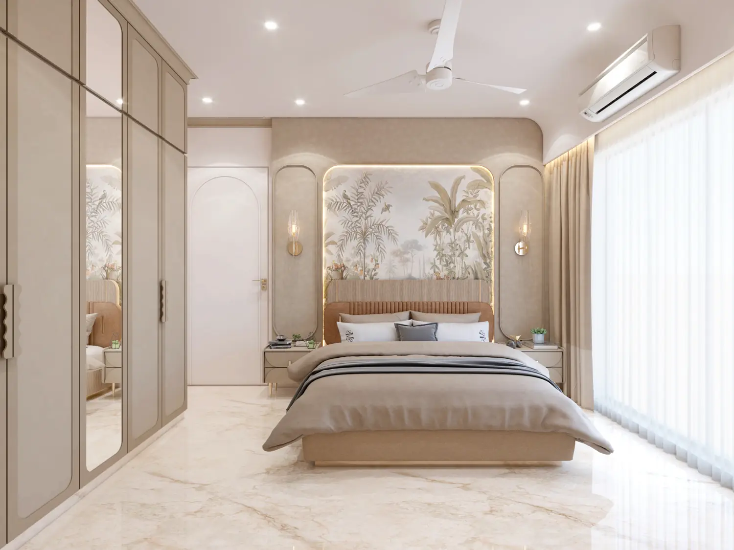 Visual of a bedroom with a palm mural behind the bed