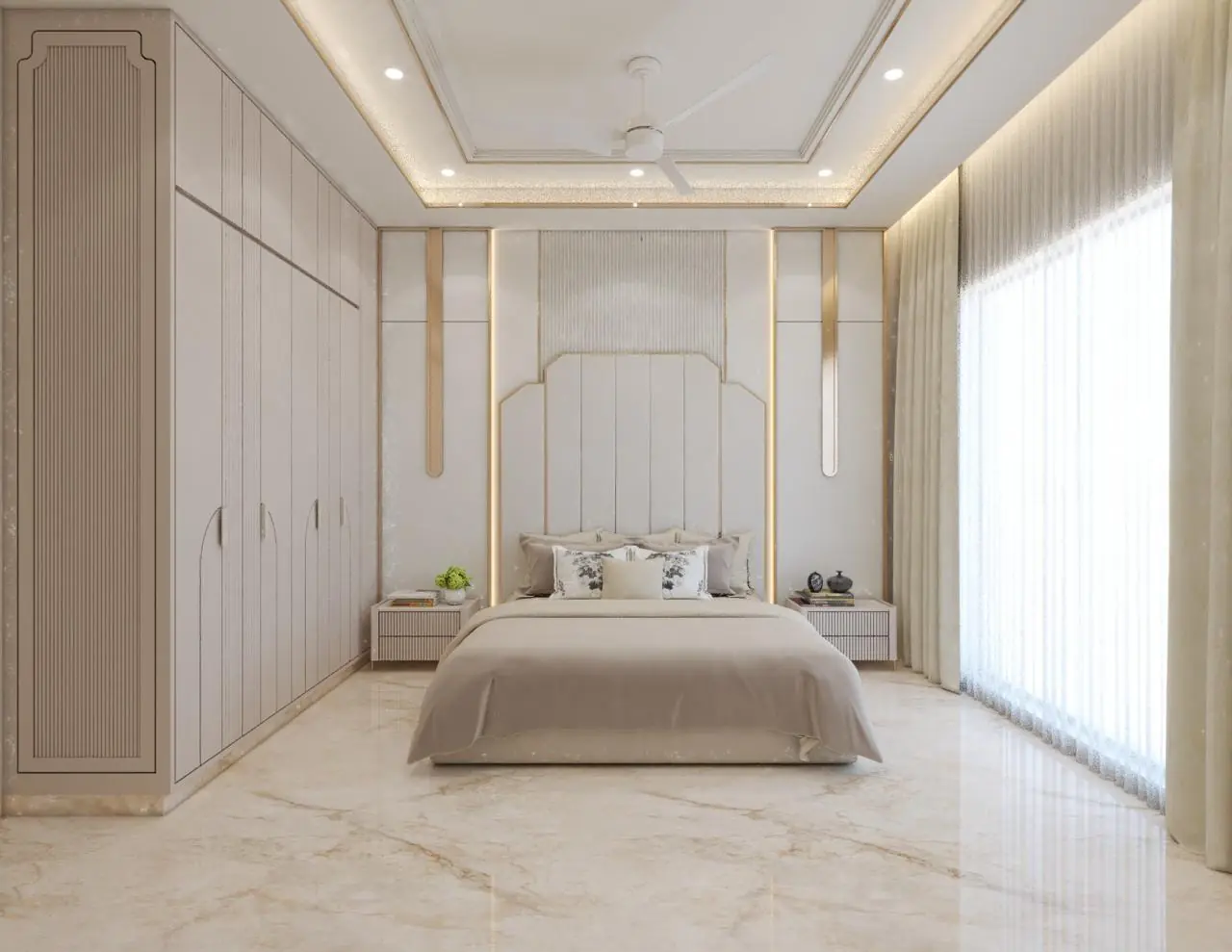 Visual of a panelled bedroom with a quilted headboard